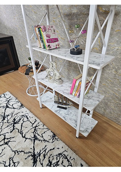 Çıkıntılı Beyaz Boyalı Kitaplık - 5 Raflı Suntalem Lüks Kitaplık Beyaz Mermer fırsatları