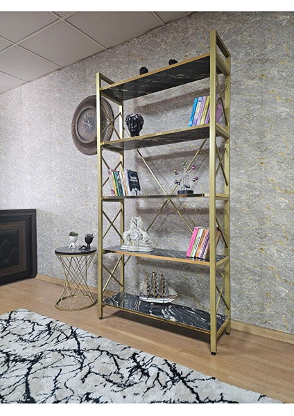 Gold Boyalı Kitaplık - 5 Raflı Suntalem Lüks Kitaplık Luanda Gold Cumbalı