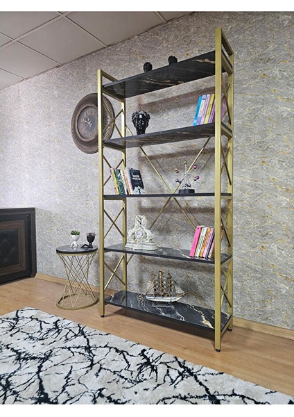 Gold Boyalı Kitaplık - 5 Raflı Suntalem Lüks Kitaplık Luanda