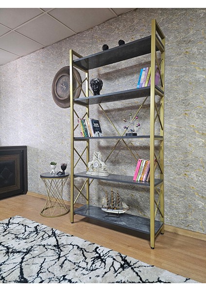 Gold Boyalı Kitaplık - 5 Raflı Suntalem Lüks Kitaplık Aris Gri