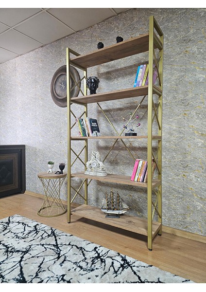 Gold Boyalı Kitaplık - 5 Raflı Suntalem Lüks Kitaplık Atlas Çam