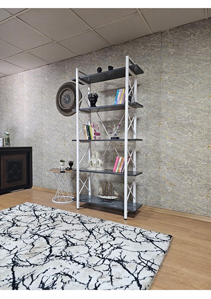 Çıkıntılı Beyaz Boyalı Kitaplık - 5 Raflı Suntalem Lüks Kitaplık Aris Gri modelleri