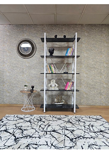 Çıkıntılı Beyaz Boyalı Kitaplık - 5 Raflı Suntalem Lüks Kitaplık Siyah Mermer fiyatları