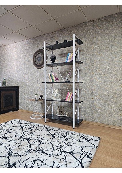 Çıkıntılı Beyaz Boyalı Kitaplık - 5 Raflı Suntalem Lüks Kitaplık Siyah Mermer modelleri