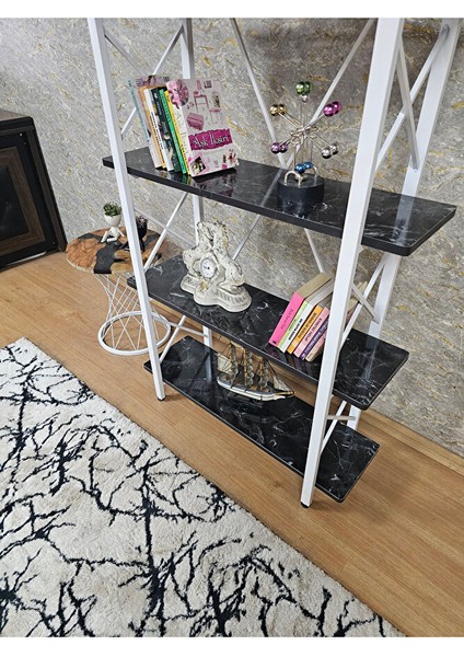 Çıkıntılı Beyaz Boyalı Kitaplık - 5 Raflı Suntalem Lüks Kitaplık Siyah Mermer fırsatları