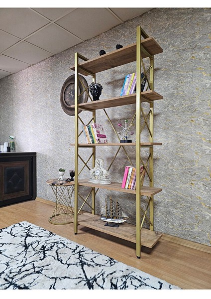 Çıkıntılı Gold Boyalı Kitaplık - 5 Raflı Suntalem Lüks Kitaplık Atlas Çam