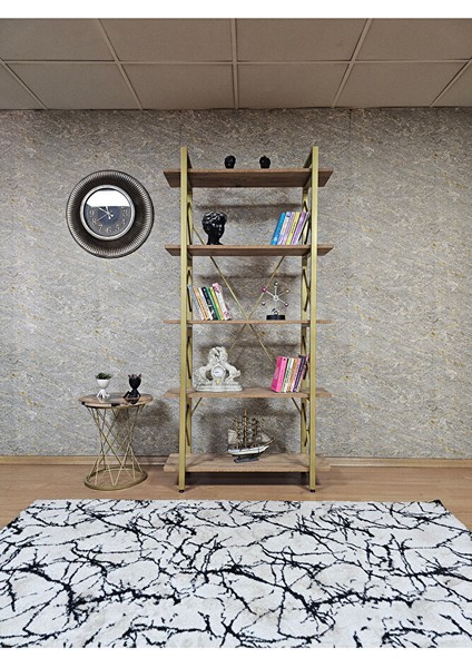 Çıkıntılı Gold Boyalı Kitaplık - 5 Raflı Suntalem Lüks Kitaplık Atlas Çam fiyatları