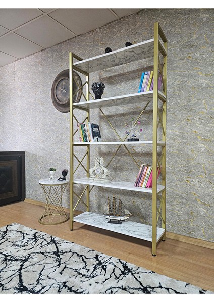 Gold Boyalı Kitaplık - 5 Raflı Suntalem Lüks Kitaplık Beyaz Mermer