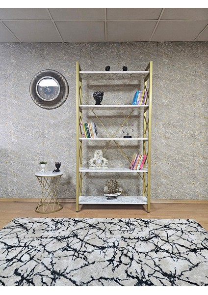 Gold Boyalı Kitaplık - 5 Raflı Suntalem Lüks Kitaplık Beyaz Mermer fiyatları