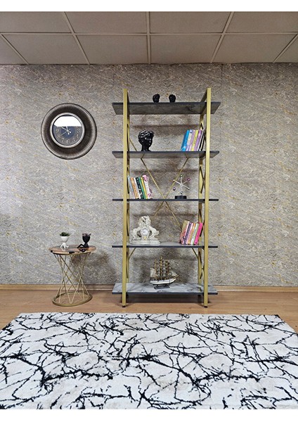 Çıkıntılı Gold Boyalı Kitaplık - 5 Raflı Suntalem Lüks Kitaplık Marmol fiyatları