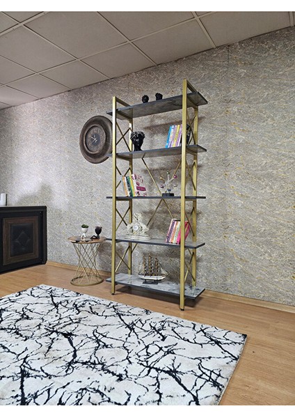 Çıkıntılı Gold Boyalı Kitaplık - 5 Raflı Suntalem Lüks Kitaplık Marmol modelleri