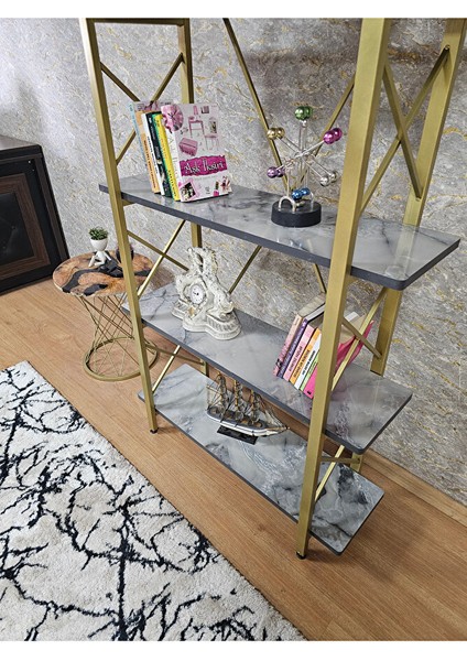 Çıkıntılı Gold Boyalı Kitaplık - 5 Raflı Suntalem Lüks Kitaplık Marmol fırsatları