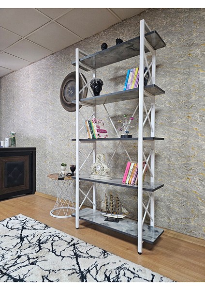 Çıkıntılı Beyaz Boyalı Kitaplık - 5 Raflı Suntalem Lüks Kitaplık Marmol