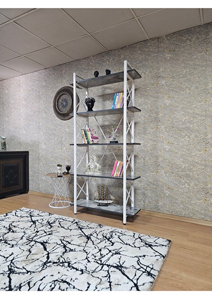 Çıkıntılı Beyaz Boyalı Kitaplık - 5 Raflı Suntalem Lüks Kitaplık Marmol modelleri