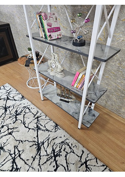 Çıkıntılı Beyaz Boyalı Kitaplık - 5 Raflı Suntalem Lüks Kitaplık Marmol fırsatları