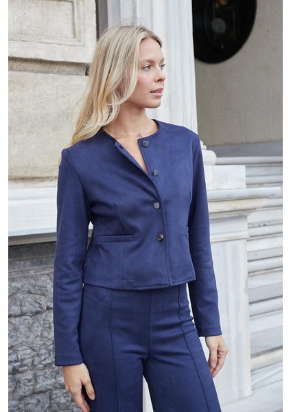 Kadın Esnek Süet Kumaş Sıfır Yaka Flato Cepli Uzun Kol Blazer Ceket-Lacivert fırsatları
