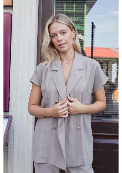 Kadın Ipeksi Modal Kumaş Yakalı Düşük Omuzlu Kruvaze Yelek Ceket-Vizon fiyatları