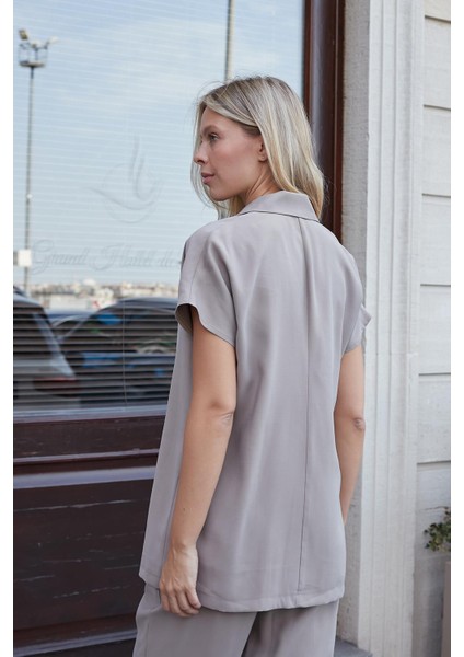 Kadın Ipeksi Modal Kumaş Yakalı Düşük Omuzlu Kruvaze Yelek Ceket-Vizon indirimleri