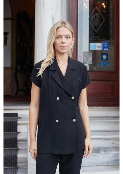 Kadın Ipeksi Modal Kumaş Yakalı Düşük Omuzlu Kruvaze Yelek Ceket-Siyah