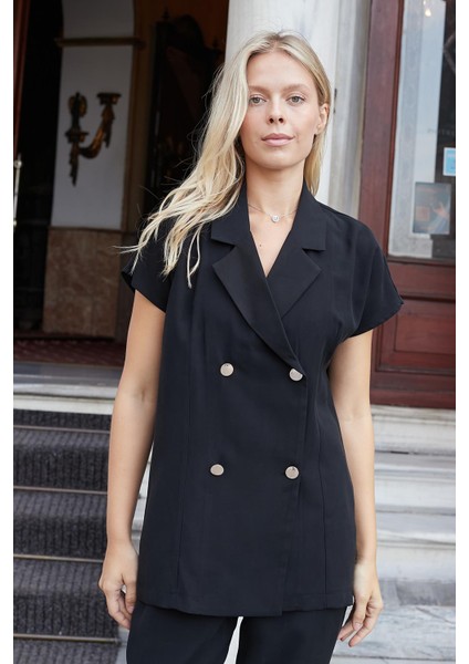 Kadın Ipeksi Modal Kumaş Yakalı Düşük Omuzlu Kruvaze Yelek Ceket-Siyah fiyatları