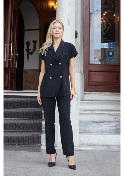 Kadın Ipeksi Modal Kumaş Yakalı Düşük Omuzlu Kruvaze Yelek Ceket-Siyah modelleri