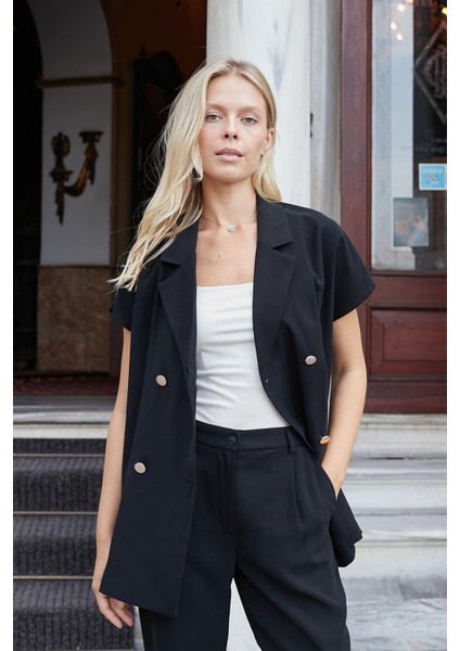 Kadın Ipeksi Modal Kumaş Yakalı Düşük Omuzlu Kruvaze Yelek Ceket-Siyah fırsatları