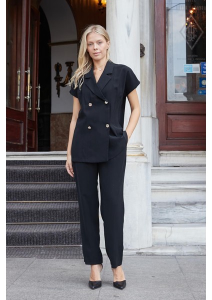 Kadın Ipeksi Modal Kumaş Yakalı Düşük Omuzlu Kruvaze Yelek Ceket-Siyah indirimleri