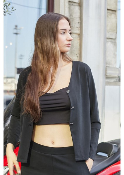 Kadın Esnek Ipeksi Modal Kumaş V Yaka Uzun Kol Düğmeli Ceket-Siyah modelleri