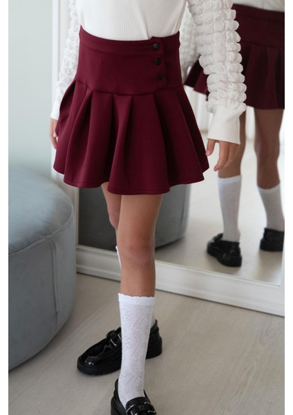Kız Çocuk Mini Etek Pileli Çıtçıt Detaylı 7-12 Yaş, Bordo
