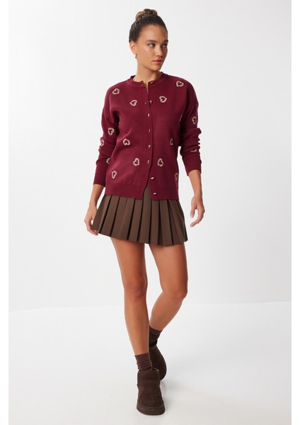 Kalp Nakışlı Şık Düğmeli Triko Hırka LNX0003 Bordo modelleri