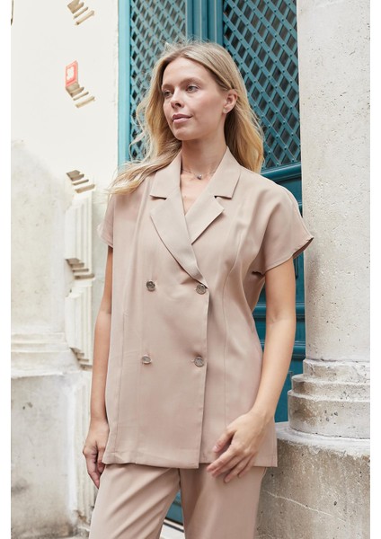 Kadın Ipeksi Modal Kumaş Yakalı Düşük Omuzlu Kruvaze Yelek Ceket-Camel fiyatları