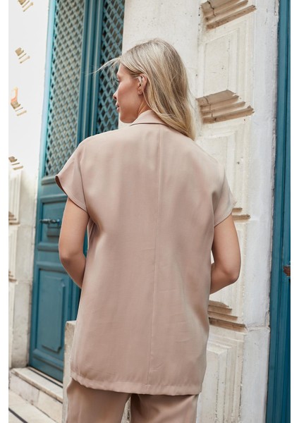 Kadın Ipeksi Modal Kumaş Yakalı Düşük Omuzlu Kruvaze Yelek Ceket-Camel fırsatları