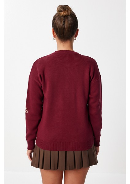 Kalp Nakışlı Şık Düğmeli Triko Hırka LNX0003 Bordo fırsatları