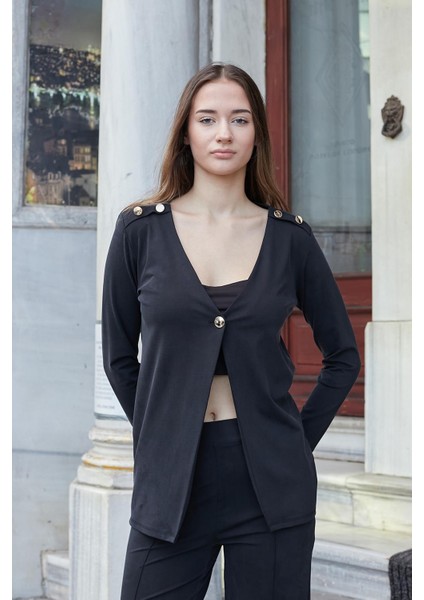 Kadın Ipeksi Esnek Modal Kumaş V Yaka Uzun Kol Omuz Aksesuarlı Düğmeli Uzun Blazer Ceket-Siyah modelleri