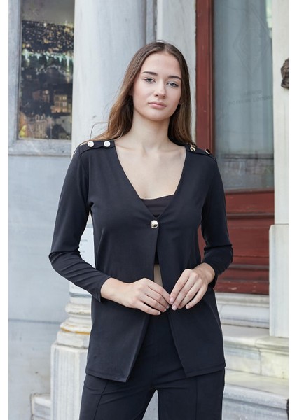 Kadın Ipeksi Esnek Modal Kumaş V Yaka Uzun Kol Omuz Aksesuarlı Düğmeli Uzun Blazer Ceket-Siyah indirimleri