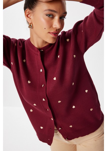 Kalp Nakışlı Şık Düğmeli Triko Hırka LNX0008 Bordo modelleri