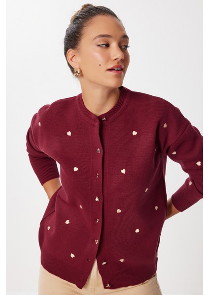 Kalp Nakışlı Şık Düğmeli Triko Hırka LNX0008 Bordo fırsatları
