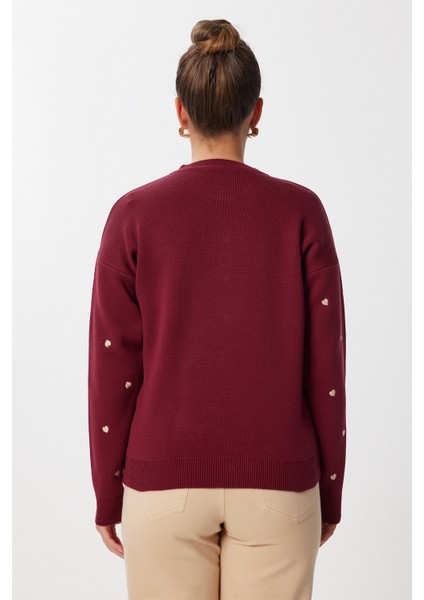 Kalp Nakışlı Şık Düğmeli Triko Hırka LNX0008 Bordo indirimleri
