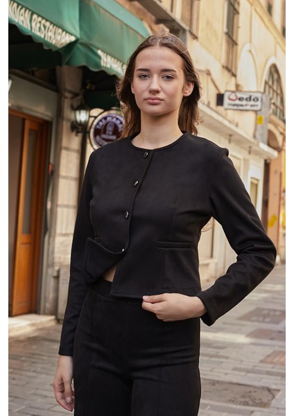 Kadın Esnek Süet Kumaş Sıfır Yaka Flato Cepli Uzun Kol Blazer Ceket-Siyah