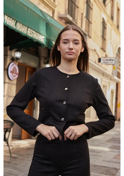 Kadın Esnek Süet Kumaş Sıfır Yaka Flato Cepli Uzun Kol Blazer Ceket-Siyah modelleri