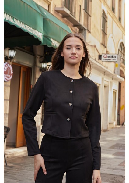 Kadın Esnek Süet Kumaş Sıfır Yaka Flato Cepli Uzun Kol Blazer Ceket-Siyah fırsatları