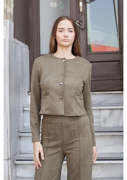 Kadın Esnek Süet Kumaş Sıfır Yaka Flato Cepli Uzun Kol Blazer Ceket-Haki