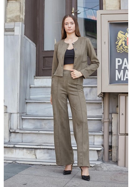 Kadın Esnek Süet Kumaş Sıfır Yaka Flato Cepli Uzun Kol Blazer Ceket-Haki fiyatları