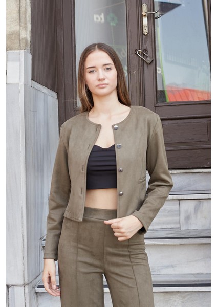 Kadın Esnek Süet Kumaş Sıfır Yaka Flato Cepli Uzun Kol Blazer Ceket-Haki modelleri