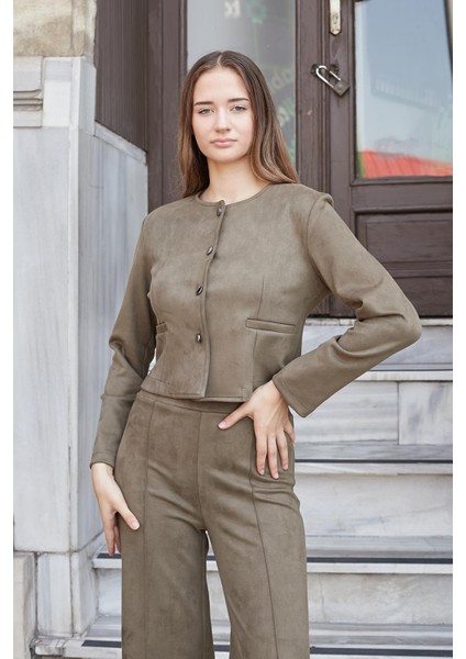 Kadın Esnek Süet Kumaş Sıfır Yaka Flato Cepli Uzun Kol Blazer Ceket-Haki fırsatları