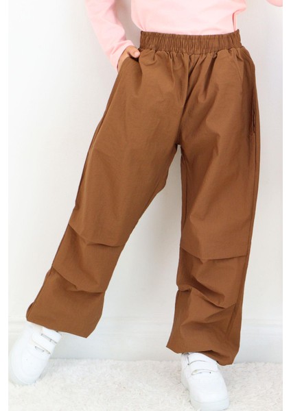 Kız Çocuk Paraşüt Jogger Paça Pantolon 6-12 Yaş, Koyu Kahve