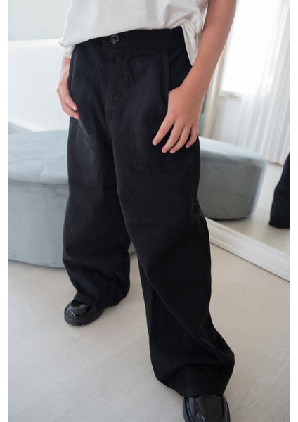 Kız Çocuk Gabardin Pantolon Geniş Paça Beli Lastikli 5-9 Yaş, Siyah