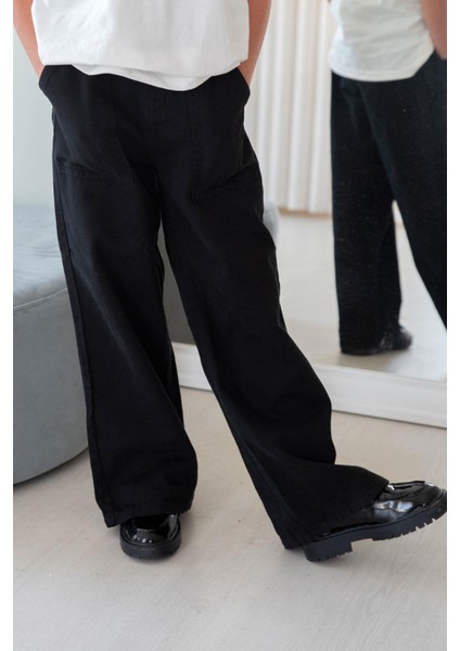 Kız Çocuk Gabardin Pantolon Geniş Paça Beli Lastikli 5-9 Yaş, Siyah fiyatları