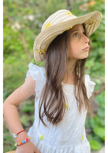 Kız Çocuk Elbise Çiçek Nakışlı Güpür Detaylı 3-7 Yaş, Ekru