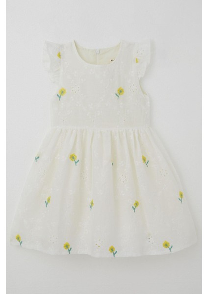 Kız Çocuk Elbise Çiçek Nakışlı Güpür Detaylı 3-7 Yaş, Ekru fırsatları